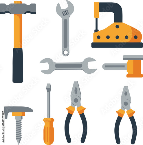 Collection of tools for diy and professional repairs featuring hammer wrenches pliers screwdriver and more isolated on transparent background