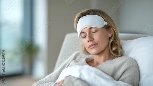 female patient using wearable sleep tracker to monitor patterns soft hum device preventive mental health connected wellness three quarter wide angle cinematic color correction