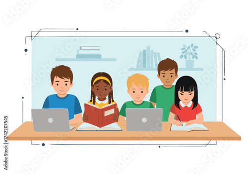 Vector Illustration of Multicultural Students Reading Books and Using Laptops — Education and E-Learning Concept with Diversity and Teamwork
