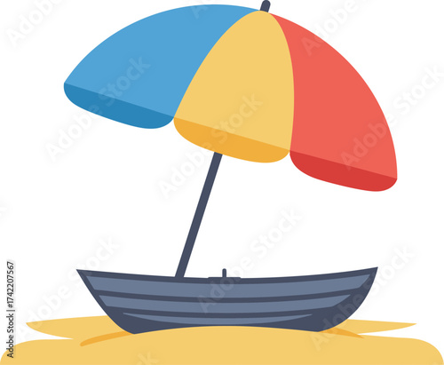 Colorful beach umbrella above small boat on sandy shore summer holiday recreation scene isolated on transparent background