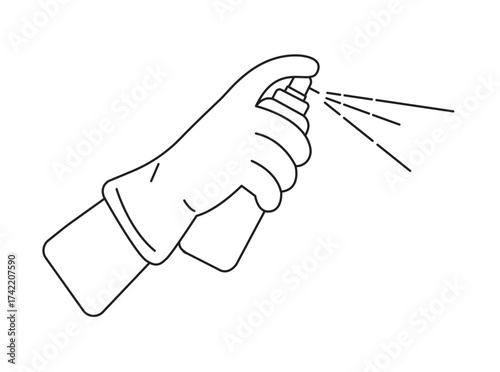 Line art illustration of protective glove spray for hygiene and safety concept, showcasing cleaning, disinfection, and antibacterial protection equipment in minimalist vector design for healthcare.