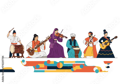 Vector Illustration of Indian Classical Musicians Playing Traditional Instruments — Cultural Performance Concept Representing Heritage and Art