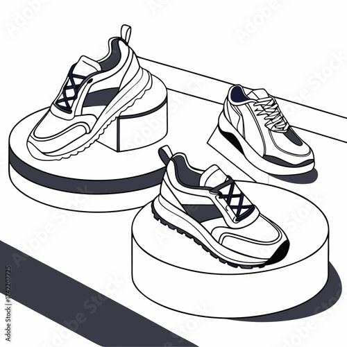 Vector art of three pairs of sneakers are displayed on white cylindrical platforms with shadows, each pair a different style, the sneakers are arranged in a visually appealing manner