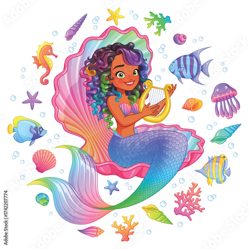 A beautiful dark-skinned mermaid with a harp is surrounded by fish, coral, and shells. Cartoon vector illustration.