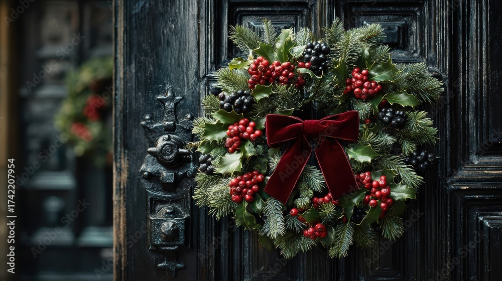Naklejka premium Christmas Wreath Door Decor, Holiday Decoration Ideas