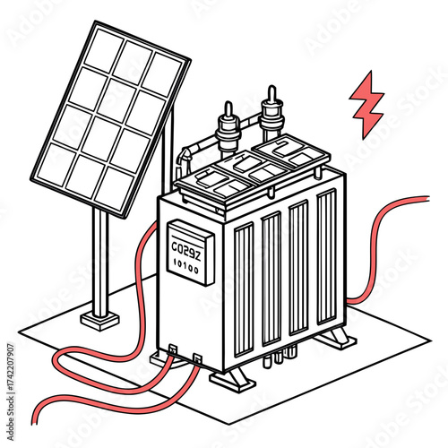 Illustration of a solar panel connected to a transformer, showcasing sustainable energy solutions and electrical infrastructure