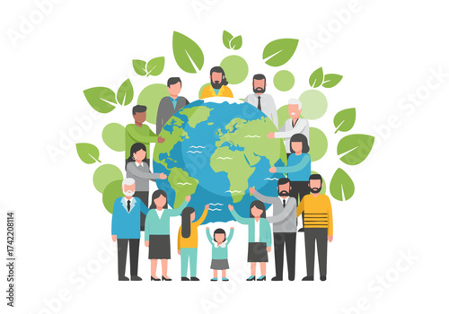 Vector Illustration of People Surrounding Green Earth with Leaves — Concept of Global Community and Environmental Responsibility
