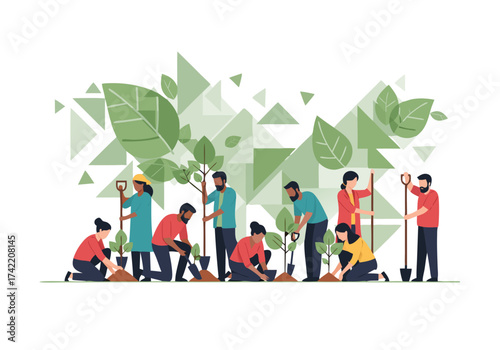 Vector Illustration of People Planting Trees in Park — Community Environmental Action Promoting Green Earth and Sustainable Future