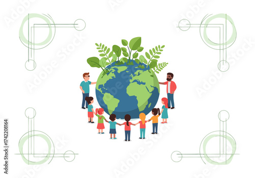 Vector Illustration of Children and Adults Holding Hands Around Earth — Global Community and Environmental Care Concept for Sustainability