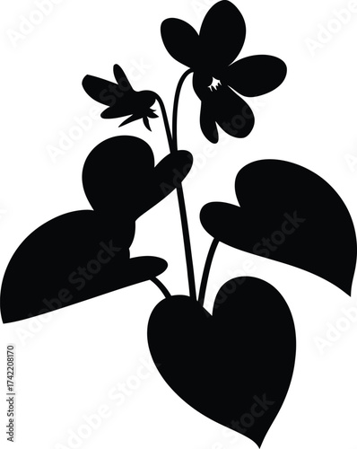 Delicate wild violet flower and leaves in a simple black silhouette