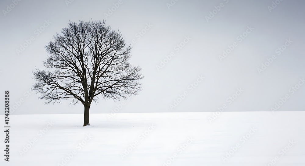 Fototapeta premium Solitary Winter Tree Silhouette Against Bleak, Minimalist Snowscape, Atmospheric Serenity.