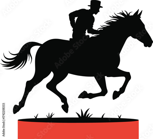 Dynamic black silhouette of a jockey on a galloping horse in a race against a white background silhouette