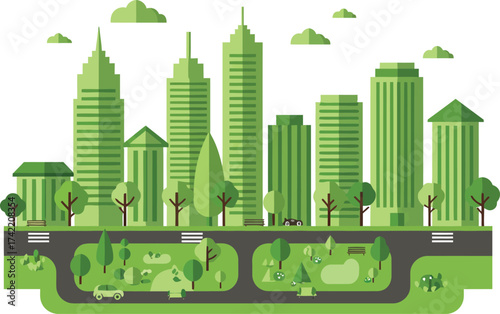 Eco-friendly green cityscape with sustainable urban development and nature integration concept isolated on transparent background