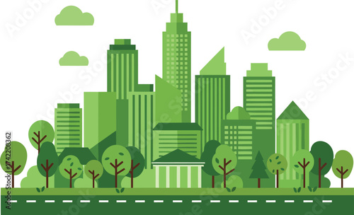 Green cityscape illustration representing sustainable urban environment and eco-friendly living isolated on transparent background