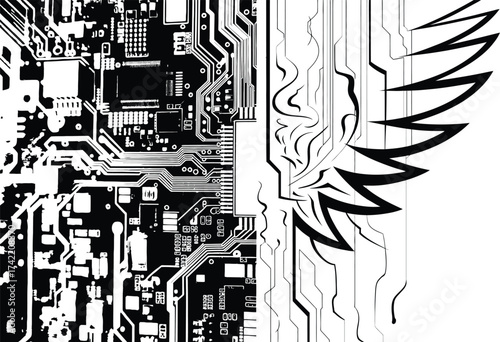 Abstract monochrome circuit board with wing like design art editable stock