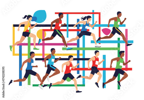 Vector Illustration of Group of Athletes Running on Colorful Abstract Track — Modern Sports Concept Showing Speed Endurance and Motion