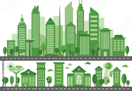 Green city skyline and eco-friendly buildings sustainable urban landscape design isolated on transparent background