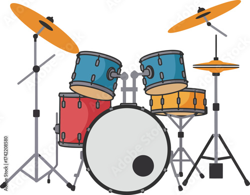 Vibrant drum set with cymbals and stands for musical expression and performance art isolated on transparent background