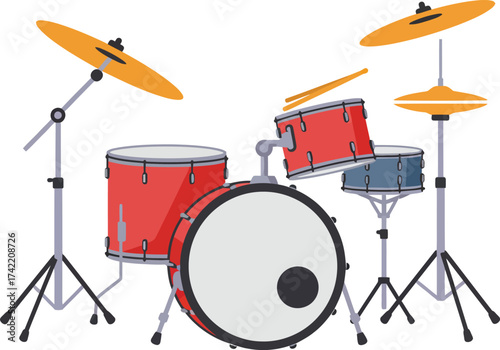 Complete drum set with cymbals and stands ideal for music creation and practice isolated on transparent background