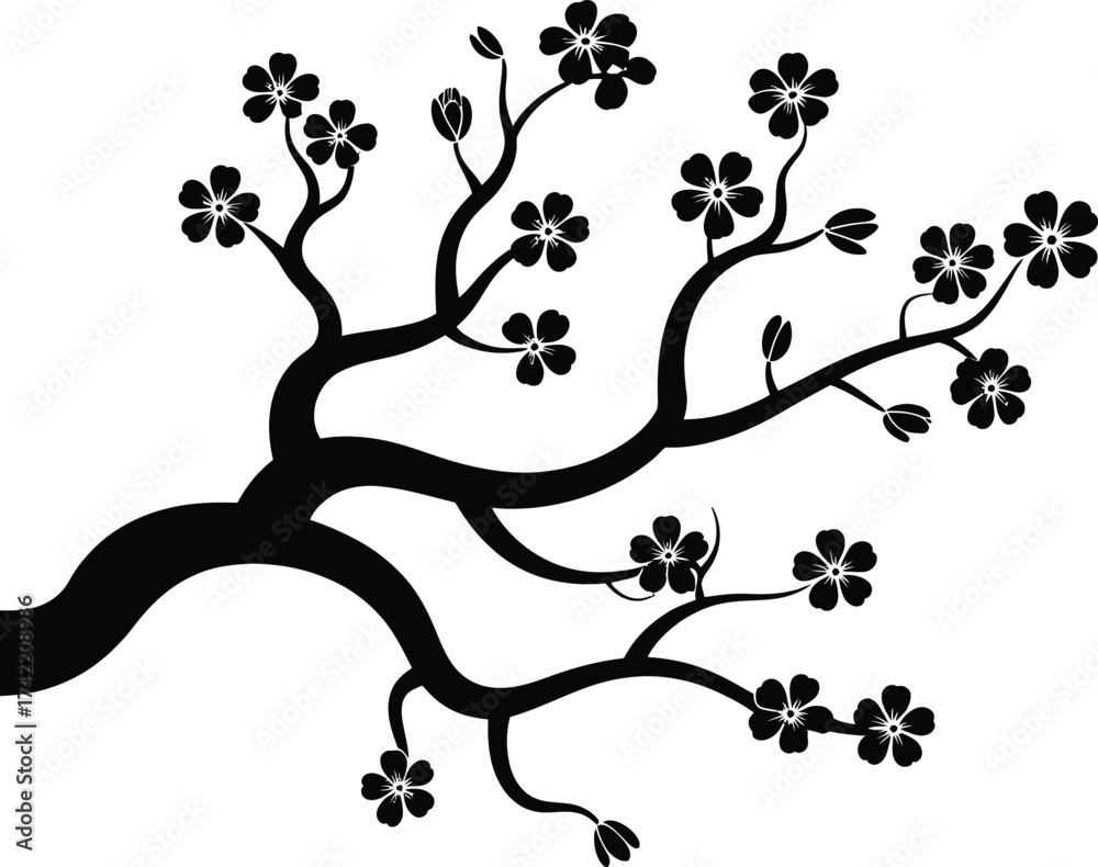 Naklejka premium Elegant black silhouette of a blooming cherry blossom branch with delicate flowers on white background