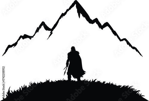 Silhouette of a man with mountains in the background artwork editable stock