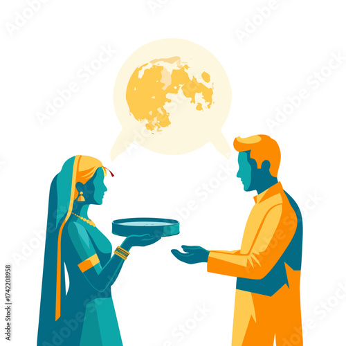 Vector illustration of Indian couple performing Karwa Chauth moon worship ritual symbolizing love, devotion, and marital faith