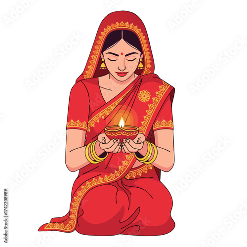 Vector illustration of Indian woman wearing traditional saree holding diya lamp during religious prayer ceremony