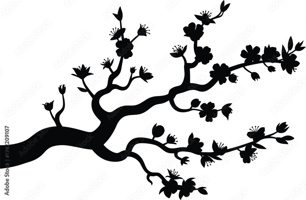 Naklejka premium Elegant black silhouette of a blooming cherry blossom branch against a white background