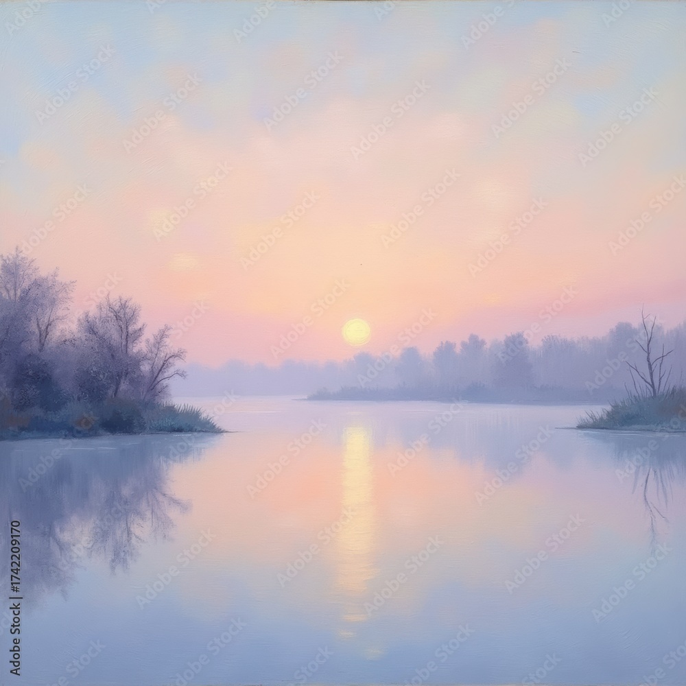Fototapeta premium Peaceful sunrise over calm river landscape with warm pastel reflection