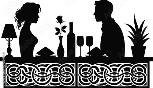 Silhouette of couple dining with rose and wine on decorated table editable stock