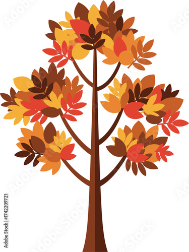 Autumn tree with vibrant red orange brown yellow leaves seasonal foliage nature landscape isolated on transparent background