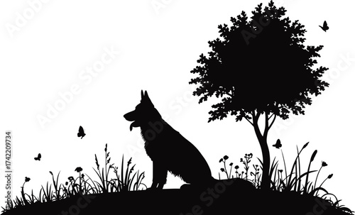 Silhouette of a dog sitting near a tree with butterflies around editable stock