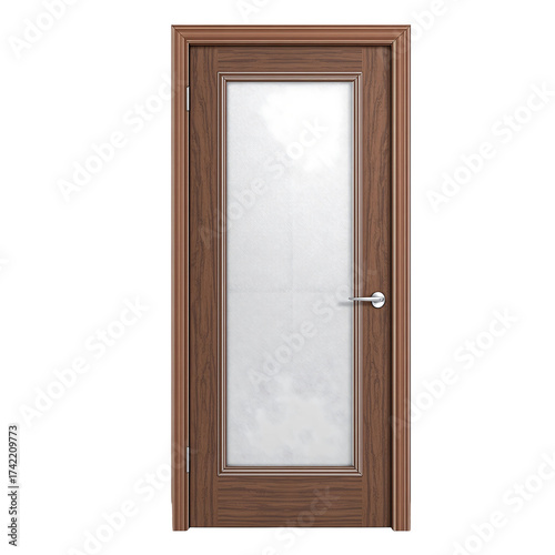 Wooden door with glass panel isolated on transparent background