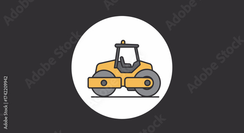 Yellow and grey road roller construction vehicle icon for heavy machinery and civil engineering projects.