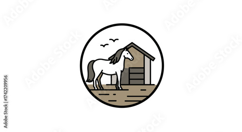 Stylized illustration of a horse standing next to a barn on a farm.