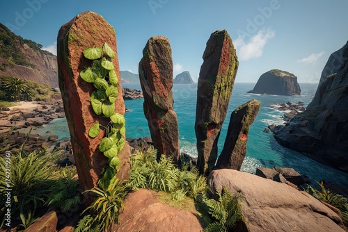 Tropical sea view past weathered rocks with green foliage & cliffs