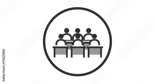 Group of people sitting at desks in a meeting or classroom icon.