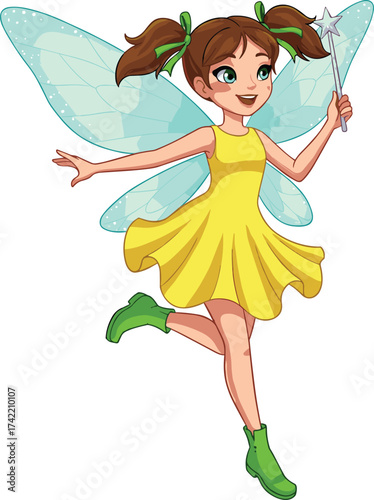 Beautiful cute fairy girl in yellow dress with green boots holding magic wand, fantasy cartoon illustration with wings and smiling face