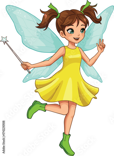 Beautiful cute fairy girl in yellow dress with green boots holding magic wand, fantasy illustration with wings, flying and smiling face