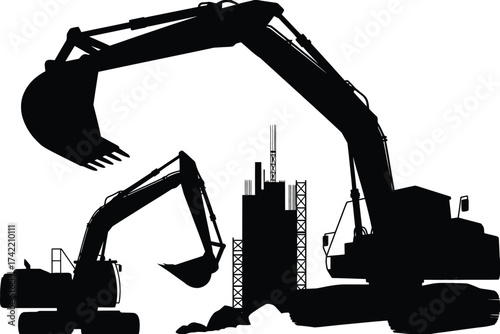 Silhouettes of excavators and construction equipment against a white background, representing industrial work and development.