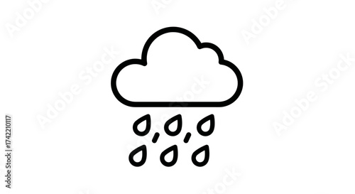 Simple black and white line art icon of a cloud with falling raindrops.