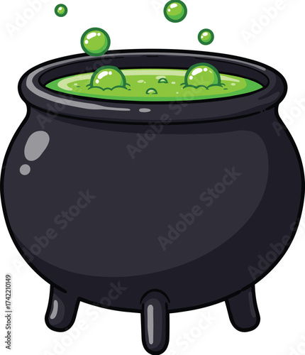 Black magic cauldron with green bubbling potion, witch brew pot illustration, spooky Halloween element for fantasy, magic, and cartoon design