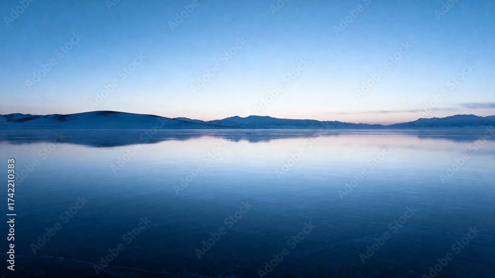 Fototapeta premium A serene twilight scene featuring a vast, reflective body of water mirroring distant mountains under a gradient sky.