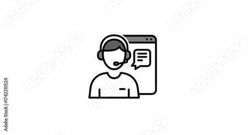 Online Customer Service Support Icon with Headset and Chat Window.