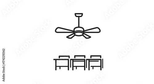 Minimalist line art icons of a ceiling fan and three chairs.
