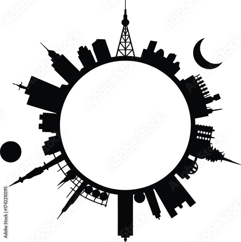 Circular silhouette of a diverse cityscape with celestial bodies