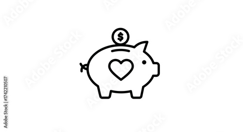 Piggy bank with dollar coin and heart symbol representing savings and love.