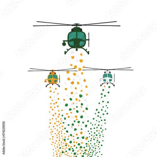 Indian military helicopters releasing tricolor smoke in the sky, vector illustration representing Republic Day airshow and national pride