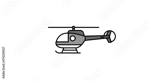 Simple grayscale helicopter icon illustration on white background.