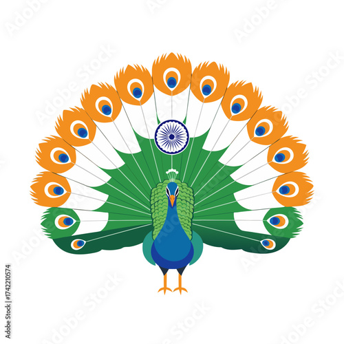 Indian peacock with tricolor feathers and Ashoka Chakra, vector illustration symbolizing national pride, beauty, and heritage of India